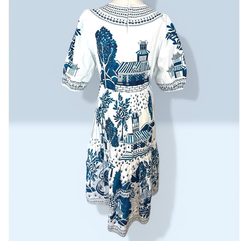 Farm Rio NWT Ancient Garden toile Pagoda Tiered Midi Dress SZSM White Blue Puff - Picture 5 of 14
